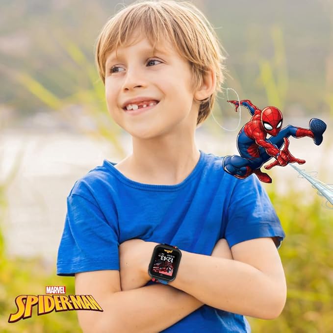 Spider-Man Kids LED Smartwatch with 10 Watch Faces, Flashing LED Bezel, Step Counter, Selfie and Video Camera, Timer, Stopwatch, Alarm, Calculator, Fun Games, and 3 Wallpapers – Fits Wrists 5.5"-8.0"