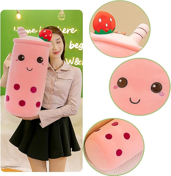 Boba Plush Stuffed Bubble Tea Pillow Soft Adorable Plushies Toys (Pink,15.6inches)