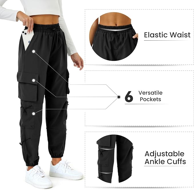 COPYLEAF Womens Parachute Cargo Pants with Pockets Quick Dry Hiking Pants Lightweight Water-Resistant Baggy Joggers