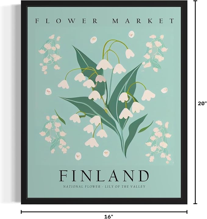 Finland, Lily of the Valley Art Print Poster, Flower Market Wall Art, Floral Artwork Decor for Bedroom, Kitchen, Bathroom, Livingroom Decoration 52 (Finland, Lily of the Valley, 20"L x 16"W, Unframed)