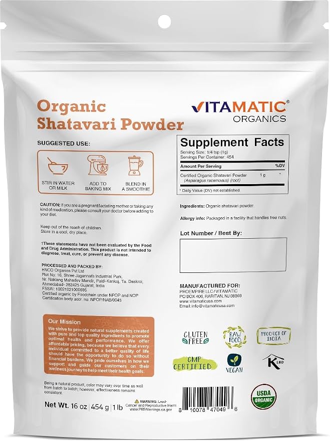 Vitamatic Certified USDA Organic Shatavari Powder – 1 lb (16 oz) Traditional Ayurvedic Herb for Women’s Health, Hormonal Balance & Vitality
