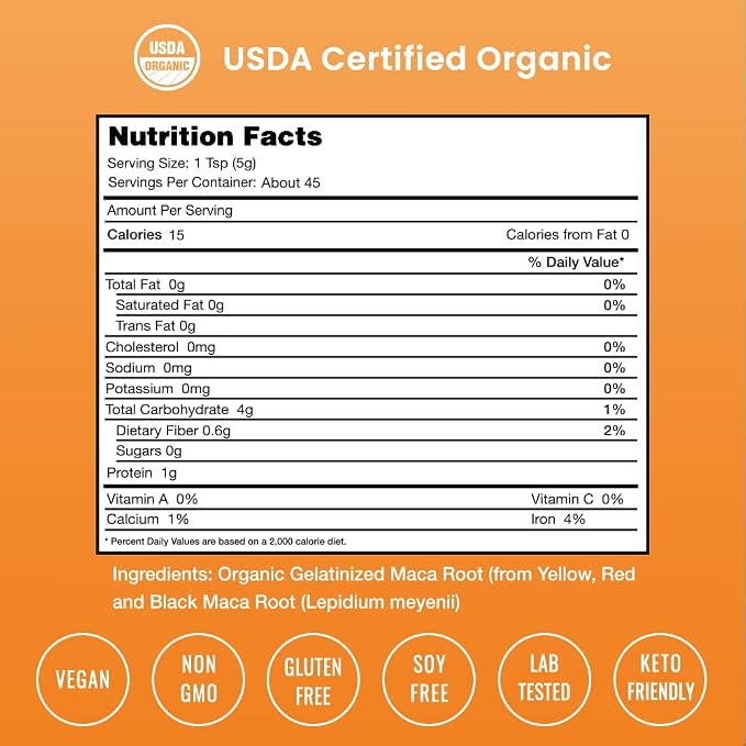 Organic Maca Powder - Peruvian Grown Maca Blend with Yellow, Black & Red Roots - Gelatinized for Superior Bioavailability - Natural, Vegan & Non-GMO, 8oz