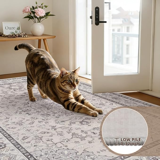 Area Rugs 9x12 Living Room: Vintage Boho Neutral Washable Rug Indoor Soft Large Area Rug Carpet for Bedroom Nursery Farmhouse Dining Room Office Floor Non-Slip Low Pile Under Table Beige & Grey