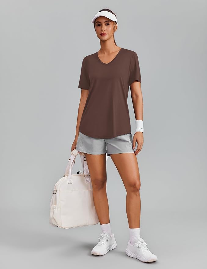 PINSPARK Soft Workout Tops for Women Short Sleeve V Neck Moisture Wicking UPF 50+ Sun Protection Quick Dry Gym Shirts