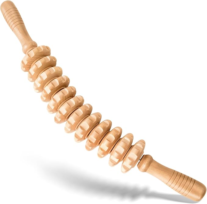 Manual Wooden Massage Stick for Legs Cellulite Remover, Massage Tool, Fascia Blaster - Reduces Cellulite on Legs and Other Body Parts (12 Wheel/White)