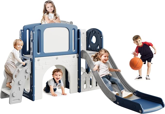 8-in-1 Toddler Slide Playground Set for Indoor & Outdoor Fun – Includes Climber, Basketball Hoop, Telescope, Tunnel, and Storage Space for Kids – Perfect for Backyard & Courtyard Activities