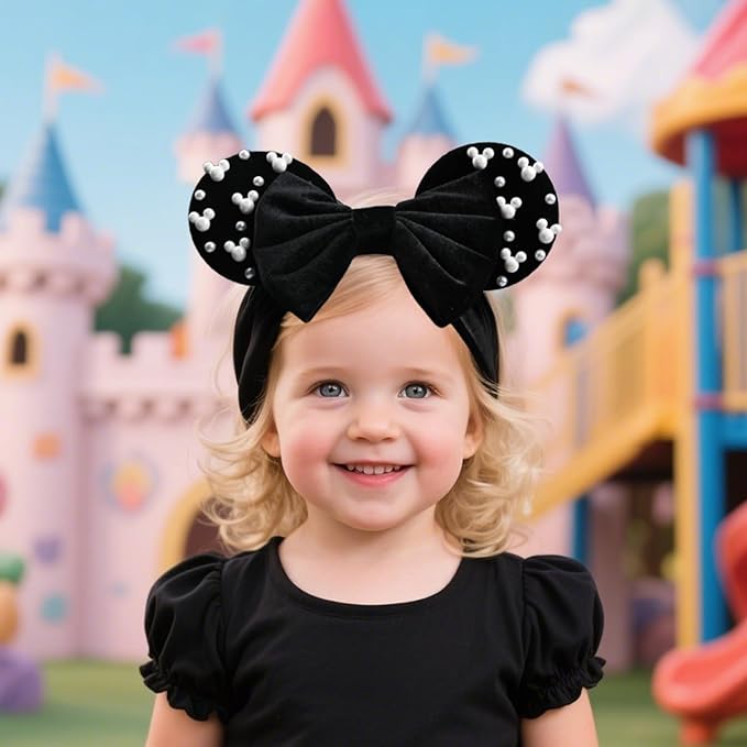 JIAHANG Black Velvet Mouse Ears Turban Headwrap with Beads, Wide Velour Hair Bow Hairband for Unisex Baby, Infants, Toddler, Kids, Newborns