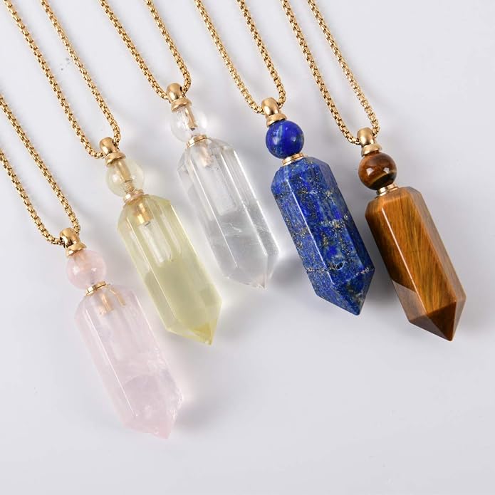 YGLINE Perfume Bottle Necklace,Essential Oil Bottle Pendant,Hexagon Prism Bottle Pendant,Various Gemstones,Healing Stones,Women Gifts