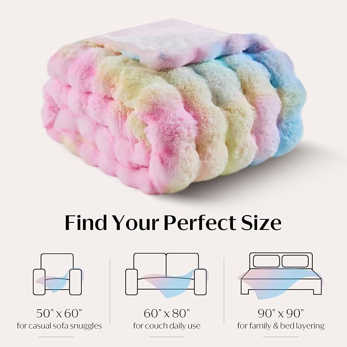 DOWNCOOL Large Faux Rabbit Fur Throw Blanket, Soft Fluffy Fuzzy Plush Bubble Blanket for Couch Sofa & Bed, Cozy Warm Luxury Fleece Minky Blanket, 90x90 Inches Rainbow