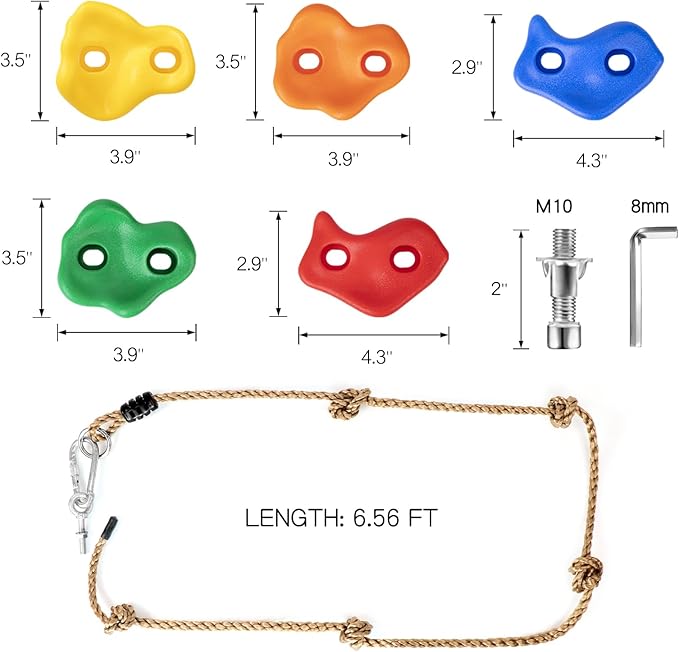 SEKKVY 25 Rock Climbing Holds With 6.56Ft Knotted Rope, Kids Holds for Indoor Outdoor Play Set, Wall Kit With Mounting Hardware, Multi-Color
