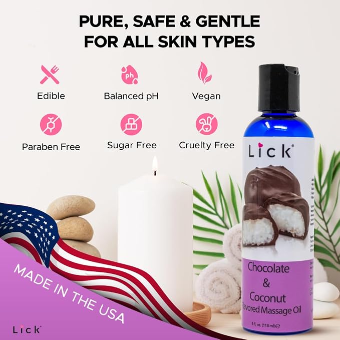 Lick Chocolate and Coconut Massage Oil – Tropical Dessert Edible Massage Oil with Sweet Almond Oil & Vitamin E, Smooth Body-Safe Glide for Couples Massage, 4 oz