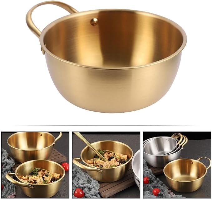 DECHOUS 1Pc Stainless Steel Instant Noodles Bowl 10 Inch Golden Korean Style Noodle Pot with Handle for Cooking Gas Induction Electric Stoves, Ideal for Soups and Ramen