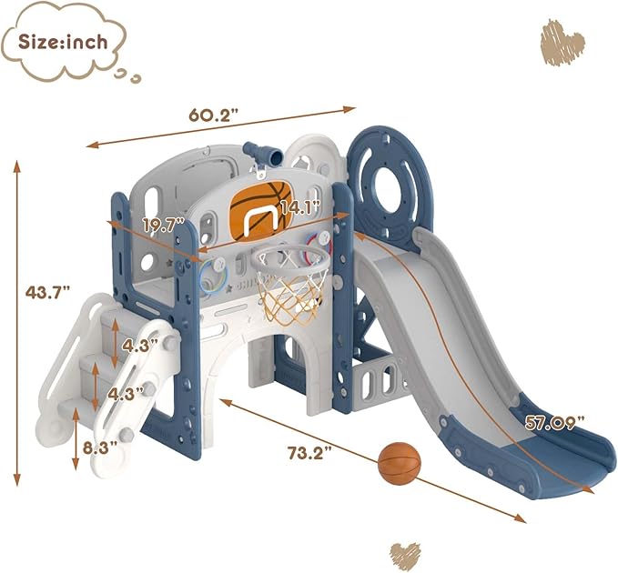 YUFU 9 in 1 Toddler Slide Set, Kids Slide for Toddlers Age 1-3, Toddler Playset with Basketball Hoop and Ball, Outdoor Indoor Playground for Toddlers 1-3 (Blue+Gray)