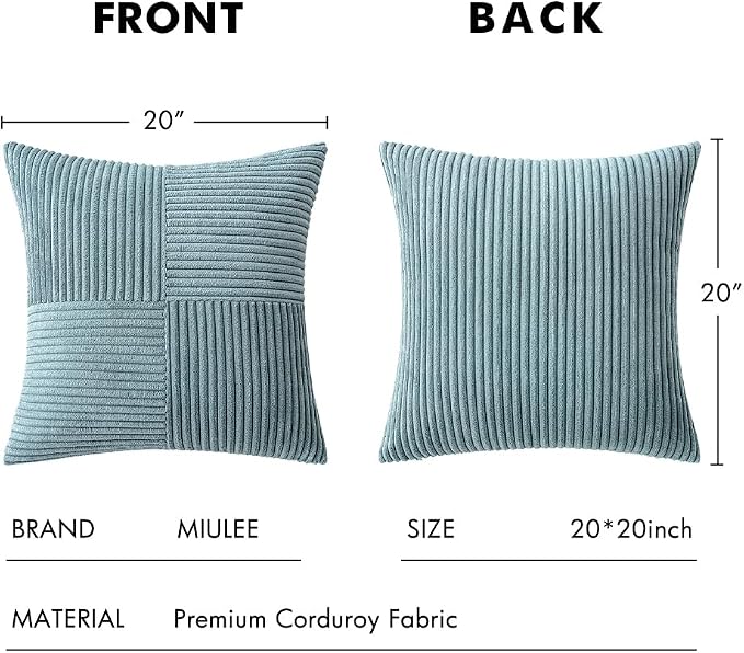 MIULEE Slate Blue Decorative Throw Pillow Covers for Couch 20x20 Inch | 2 Pack, Boho Farmhouse Pillow Covers, Soft Cross Corduroy Patchwork Textured Cushion Cases For Bed Sofa
