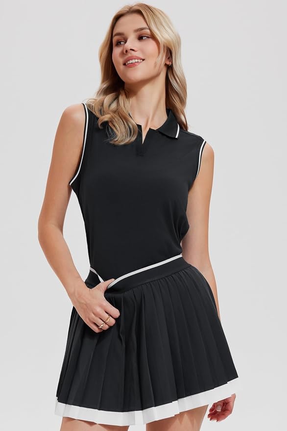 AFZ Tennis Outfits Polo Top and Color Blocked Pleated Tennis Dress Golf Outfits for Women Athletic Dress with Shorts