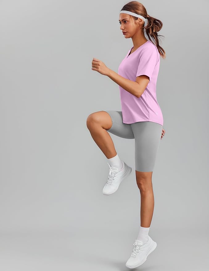 PINSPARK Soft Workout Tops for Women Short Sleeve V Neck Moisture Wicking UPF 50+ Sun Protection Quick Dry Gym Shirts