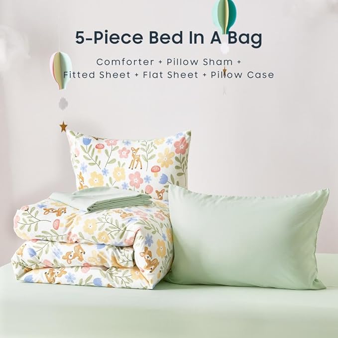 Wake In Cloud - Floral Bedding Set for Girls, Cute Colorful Botanical Flowers Deers Patterned Soft Lightweight Comforter Set with Sheets, 5 Pieces Kids Bed in a Bag, Green Cream, Twin Size