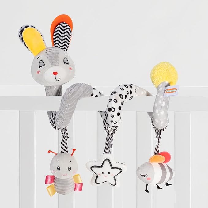 Baby Spiral Activity Toy for Crib Car Seat & Stroller, High Contrast Newborn Sensory Toys 0-12 Months with Soft Plush, Rattle & Crinkle Sounds, Perfect Infant Developmental Gift for Boys & Girls
