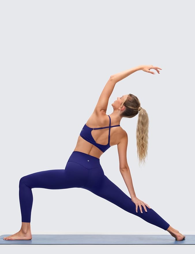 CRZ YOGA Butterluxe Twist Cross Back Sports Bras for Women - U Neck Padded Adjustable Spaghetti Straps Yoga Top