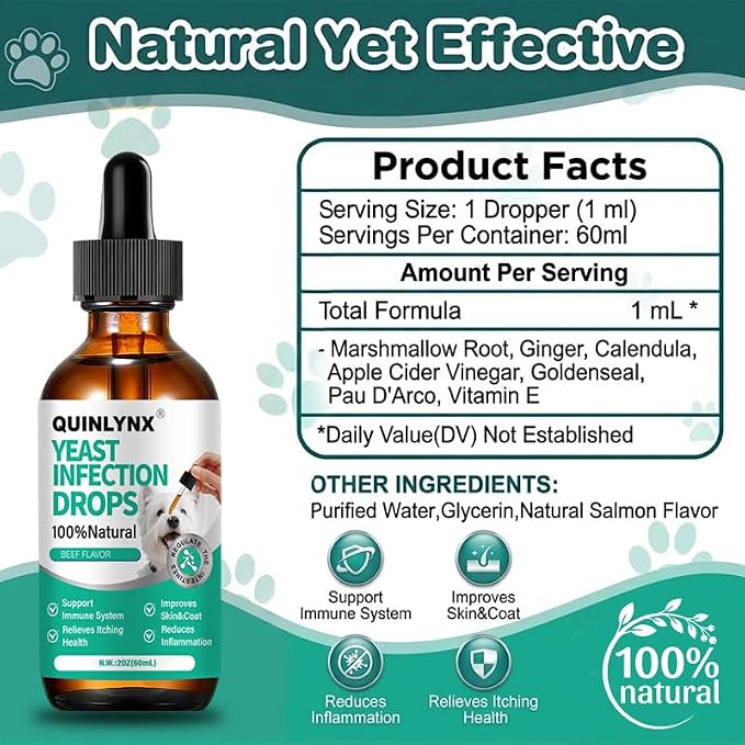 Dog Yeast Infection Treatment Drops – Treats Canine Ear & Paw Yeast Infections, Relieves Irritation, Inflammation & Allergies, Multivitamin Probiotic Supplement for Dogs