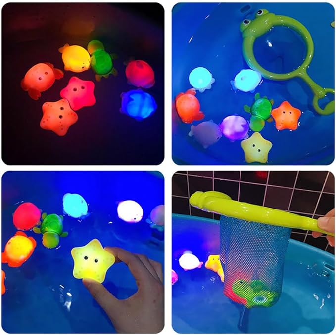 Baby Bath Toy Set, Glowing Animal Tub Toy No Hole Light Up Bathtub Toy Luminous Ocean Animal Floating Toy with Colorful Light for Boys and Girls-Starfish, Crab, Octopus and Whale (D)