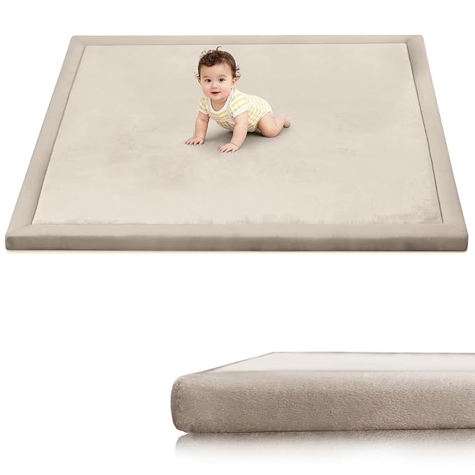 Ultra Soft Play Mat for Floor, 59"×39" Playpen Mat, 1.3" Thick Memory Foam, Non-Slip Tummy Time Mat for Infants, ToddleETDZ01rs, and Kids – Water-Repellent Coral Velvet, Easy Care