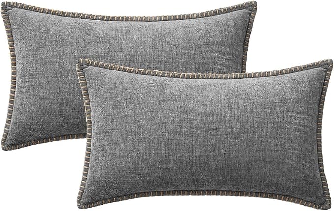 MIULEE Decorative Lumbar Throw Pillow Covers 12x20 Inch Dark Gray 2 Pack | Farmhouse Pillow Covers with Stitched Edge, Soft Chenille Cushion Cases, for Couch Sofa Bed Living Room Home Decor