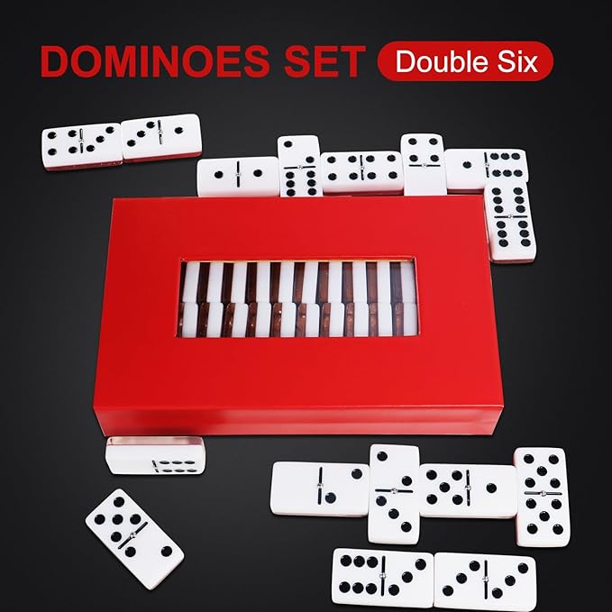 Double Six Standard Dominos Set 28 Tiles – Dominos Set for Adults, Classic Numbers Table Games, Family Travel Night Ideal for 2-4 Players (Red)