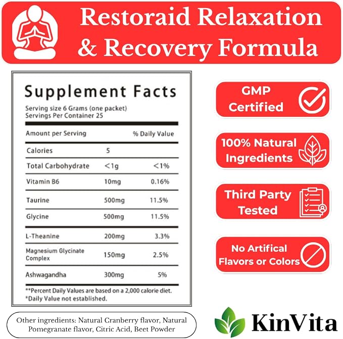 Restoraid Relaxation Drink Mix – 25 Packets | Magnesium, L-Theanine, Ashwagandha, Taurine, Glycine | Calming & Relaxing Supplement (Cranberry Pomegranate)