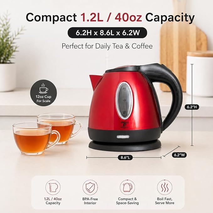 Moss & Stone 1.2L Stainless Steel Small Electric Kettle Red Color, Cordless 1500w Fast Boiling Pot, Portable Hot Water Electric Tea Kettle With Boil Dry Protection & Auto Shut-Off