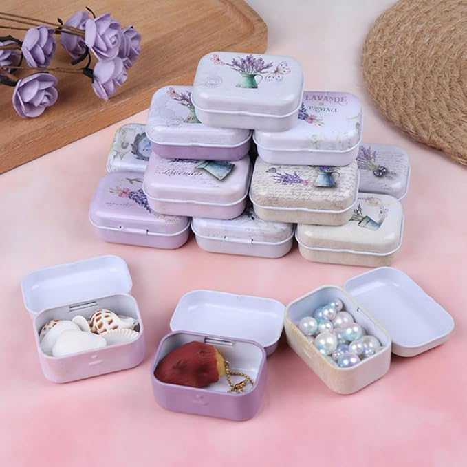 8Pcs Metal Hinged Tin Box Container Floral Farmhouse Rustic Mini Portable Small Storage Container Kit with Lid for Home Storage 2.1x1.5x1 Inch (White)