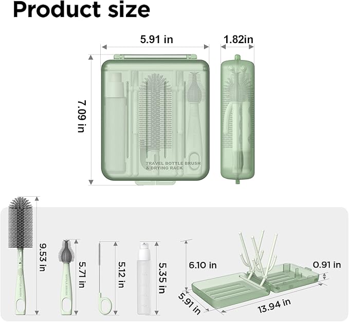 YOTIME Travel Bottle Brush Set, Auto-Open Rack & Vertical Brushs Drying Slots, 3 Brushes, Foldable Drying Rack, Dispenser, Travel Baby Essentials for On-The-Go Parents, Transparent Green