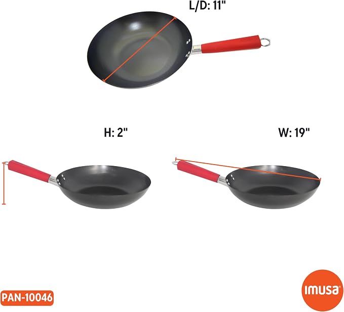 IMUSA USA Inch, Red PAN-10046 12" Nonstick Carbon Steel Wok, Handle | Hanging Ring, Ideal for Stir-Frying, Great for Cooking a Variety of Dishes