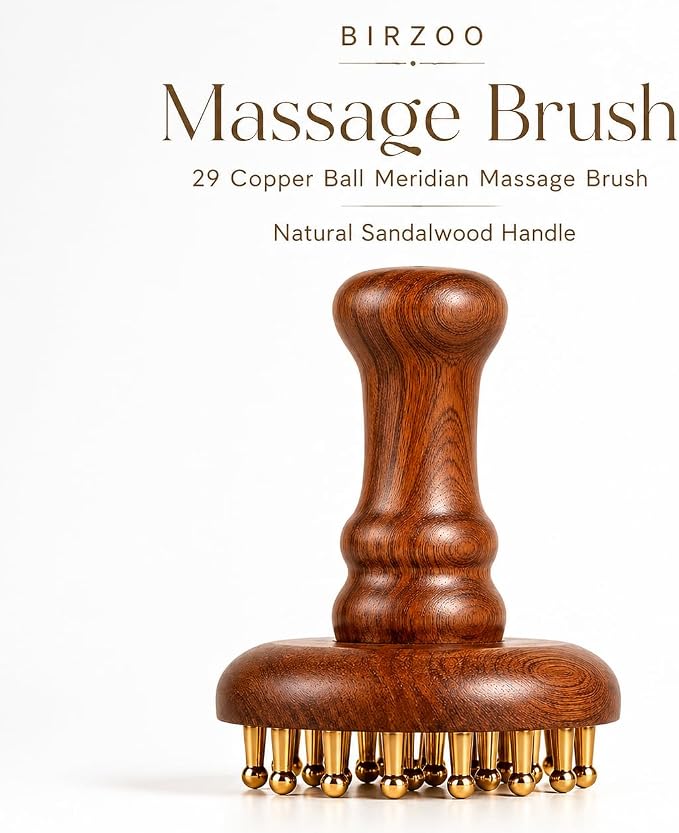 Copper Gua Sha Meridian Massage Brush with 29 Copper Ball Scalp & Body Massage Tool with Sandalwood Handle, Acupressure Massage Brush for Head, Neck, Shoulder & Body Relaxation