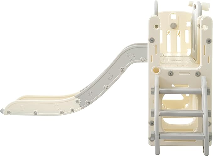 11in 1 Toddler Slide, Kid Slide for Toddlers Age 1-3 with Telescope, Basketball Hoop, and Telescope, Indoor Outdoor Playset Playground Grey Beige
