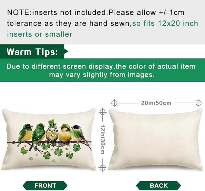 RABUSOFA St.Patricks Day Pillow Covers 12x20 Inch,Birds Shamrock St Patricks Day Decorations Holiday Spring Decorative Pillow Case Decor for Sofa Couch Green