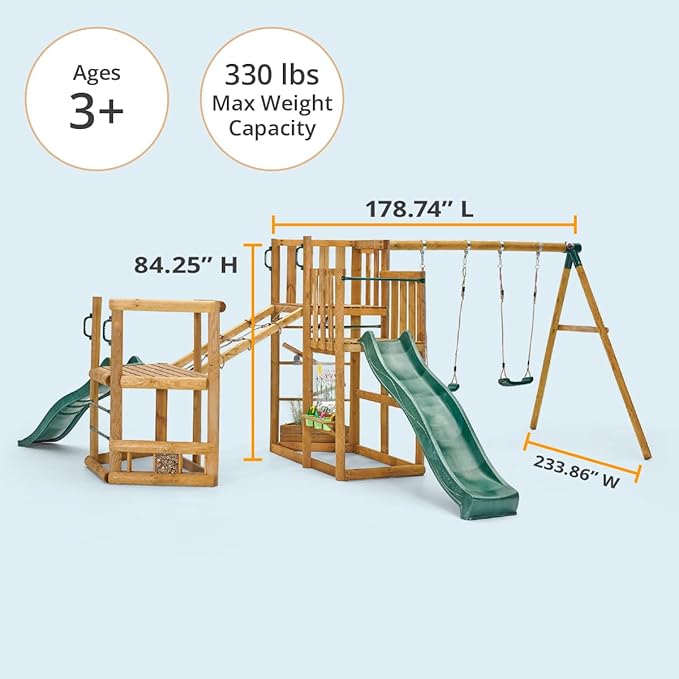 Plum Discovery Wood Swing Sets for Backyard, Kids Yard Play Equipment, Outdoor Toddler Swing with Slide, Monkey Bars, Climbing Bridge, Painting Easel, Built-in Planter Box, Weatherproof, Age 3+ Yrs