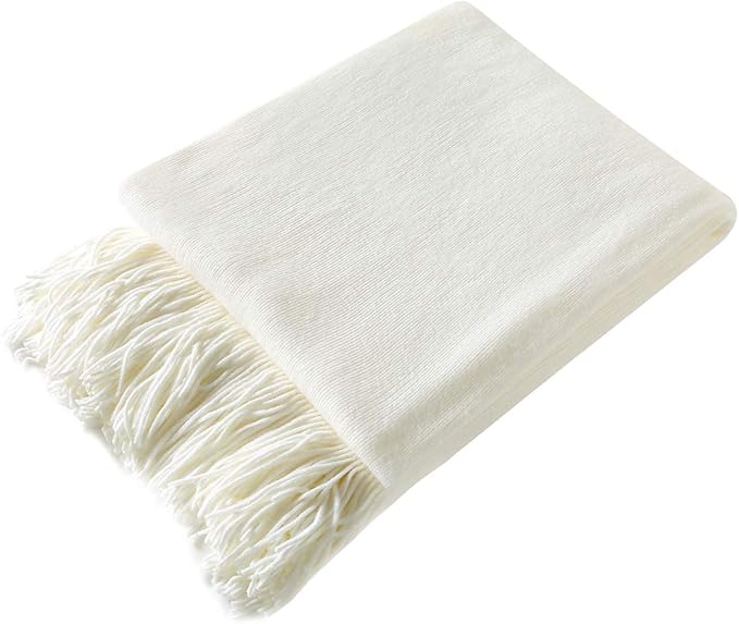 Homiest Ivory Knitted Throw Blanket with Fringe, 50x60 Inch | Pure Acrylic, Lightweight & Breathable, All-Season Use, Machine Washable, Wrinkle & Fade Resistant, for Couch Sofa And Bed