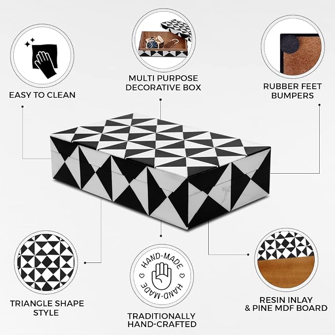 Handicrafts Home Decorative Storage Box with Lid, Black and White Decorative Remote Holder Box, Coffee Table Storage Box for Living Room, Console Table & Shelf Decor, Triangle - 10 x 6 x 2.5