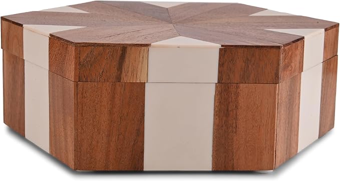 Perilla Home Hexagon Wooden Box, Brown and White, Wood and Resin, 9.54x8.07x3.15 Inch, Decorative