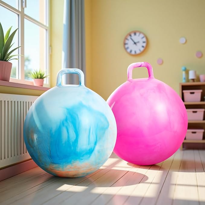Upper Rider 2 Pack Clouds Hopper Ball for Kids, 18 Inch Bouncy Balls with Handle, Inflatable Hopping Toys for Boys and Girls Ages 3-8, Blue & Purple Pink Balls with Pump and Gift Boxes