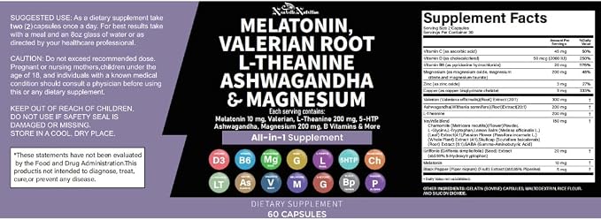 Melatonin Capsules with Valerian Root, Ashwagandha, L-Theanine, Magnesium, 5-HTP, GABA, Chamomile, Lemon Balm, Passion Flower, Griffonia Extract, Vitamin C & L-Glycine Supplement
