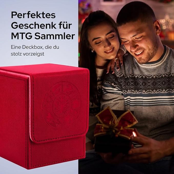MTG Commander Deck Box with 2 Dividers – Fits 100+ Single Sleeved Cards, Strong Magnet Deck Case for Magic: The Gathering, Premium PU Leather Storage for TCG CCG (Red)