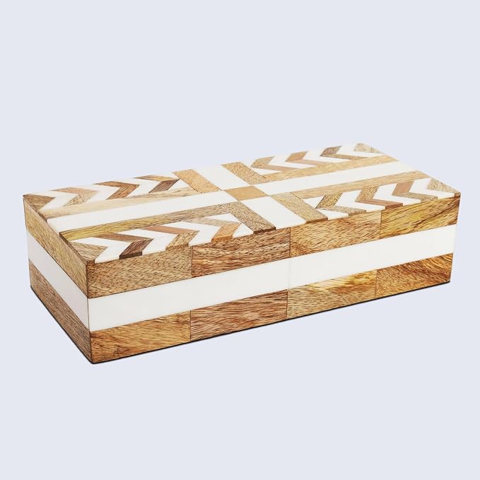 Handicrafts Home White Decorative Storage Box with Lid Wooden Coffee Table Storage Box Decorative Box Organizer for Living Room Home Decor – Resin Inlay Patisserie Adorn Collection- 10x4.5x2.5