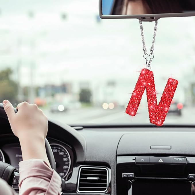 Bling Letter N Car Charm Pendant Letter Hanging Ornament for Rear View Mirror Decoration (Red, N)