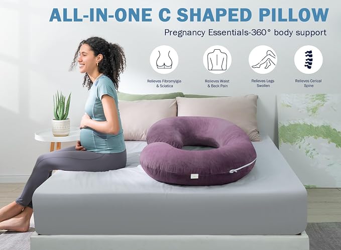 INSEN Pregnancy Pillow,Maternity Body Pillow with Velvet Cover,C Shaped Body Pillow for Sleeping, Purple