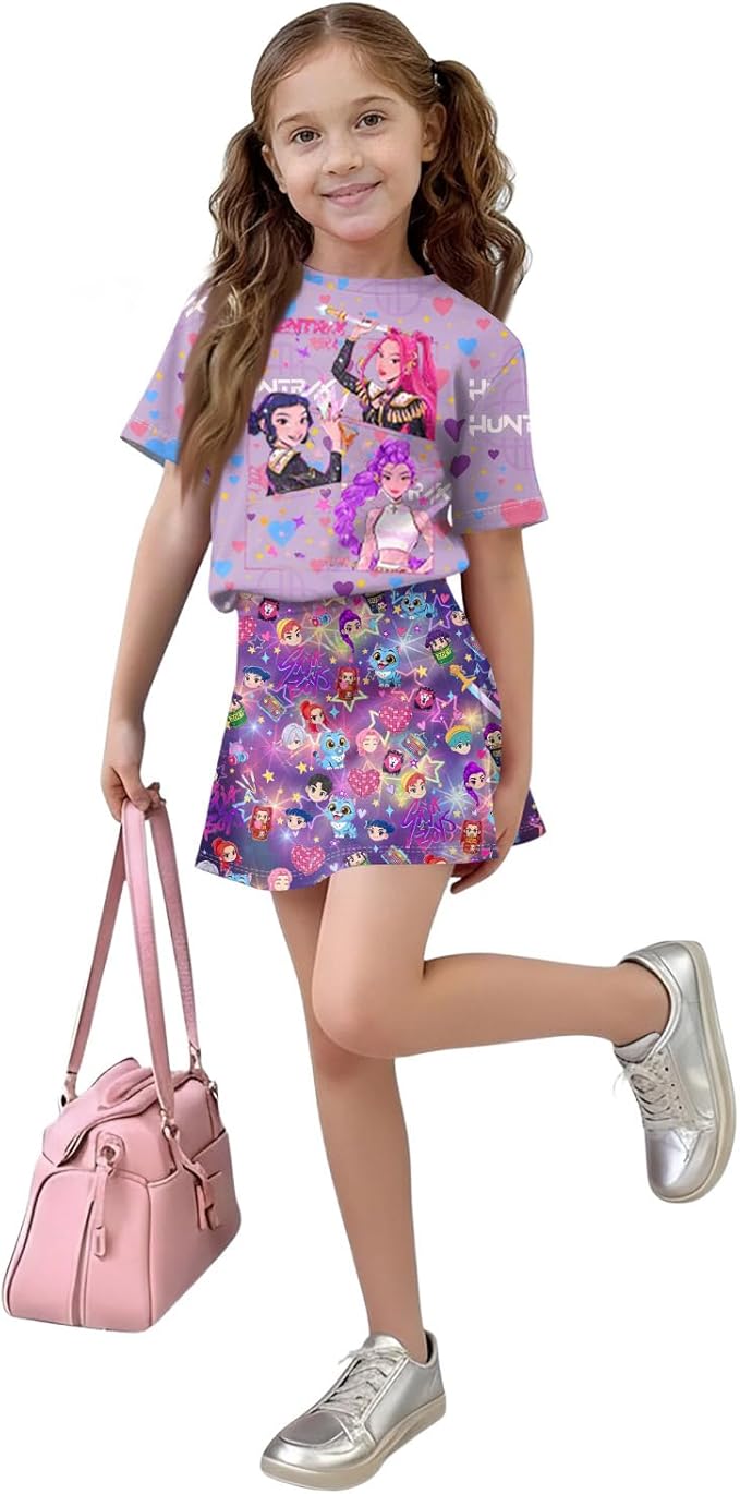 Girls 2-Piece Anime Outfit Set, Short Sleeve Graphic T-Shirt and Printed Skirt Set