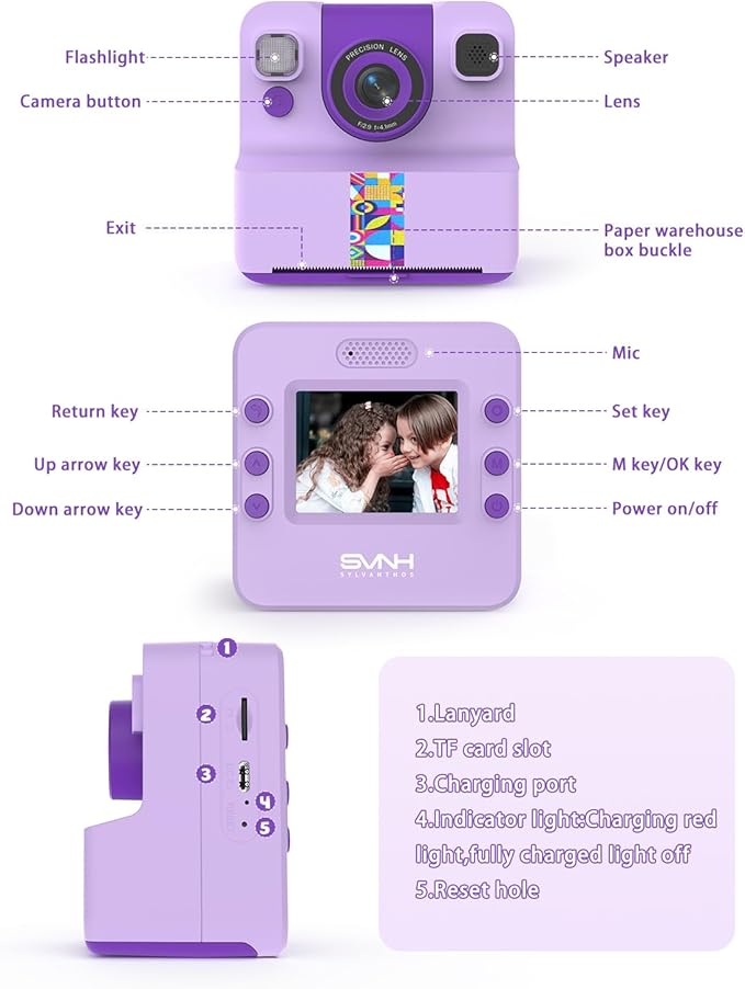 Kids Camera Instant Print, Digital Camera for Kids, 180° Rotating Selfie Lens with 32GB SD Card & 2 Rolls Printing Paper Kids Toy Birthday Gifts for Boys Girls Ages 3-12, Purple