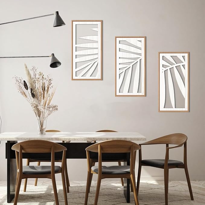 IARTTOP Tropical Palm Tree Leaf Wood Wall Art White Framed 8x16 Inch Set of 3 Hawaii Plant Leaves Wooden Wall Decor Minimalist Boho Artwork for Living room Bedroom Office