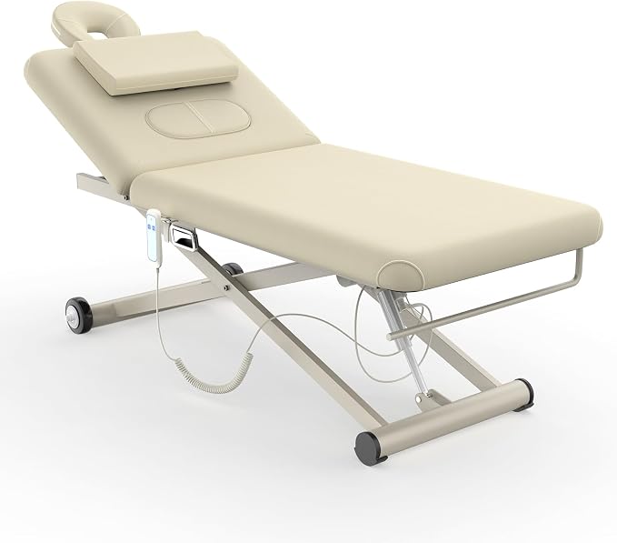 pouseayar Heavy Duty Electric Massage Table, Electric Lift Motor and Manual Backrest Adjustable for Treatment/Medical Spa/Facial Bed/Beauty Bed and More - 31.2 Wide x 75 Long - Beige Gray